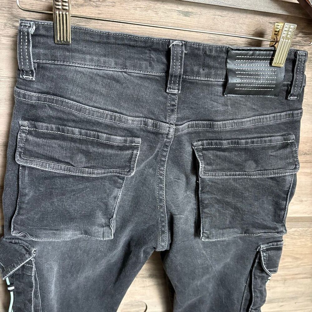 Serenede 28 Black Cargo Skinny Jeans Turquoise Patches Bungees Sporty Edgy Punk - Picture 5 of 14